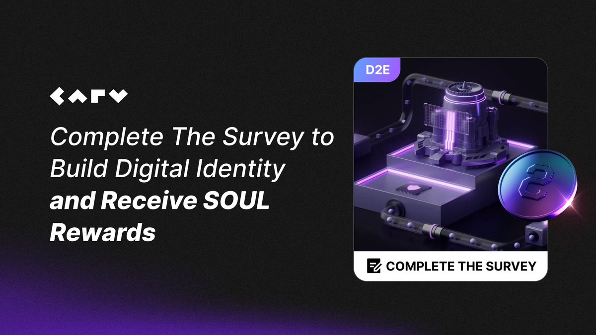 carv_official's tweet image. New #D2E SOUL Challenge arrives!
🚀 Earn 300 $SOUL by filling out the survey: tally.so/r/woGzWe
🗓️ Survey ends on Feb.19th, Receive SOUL rewards afterwards
💫 SOUL reward can be claimed on: bit.ly/47T56UD
Aggregate &amp;amp; monetize your identity NOW!

#DataToEarn…