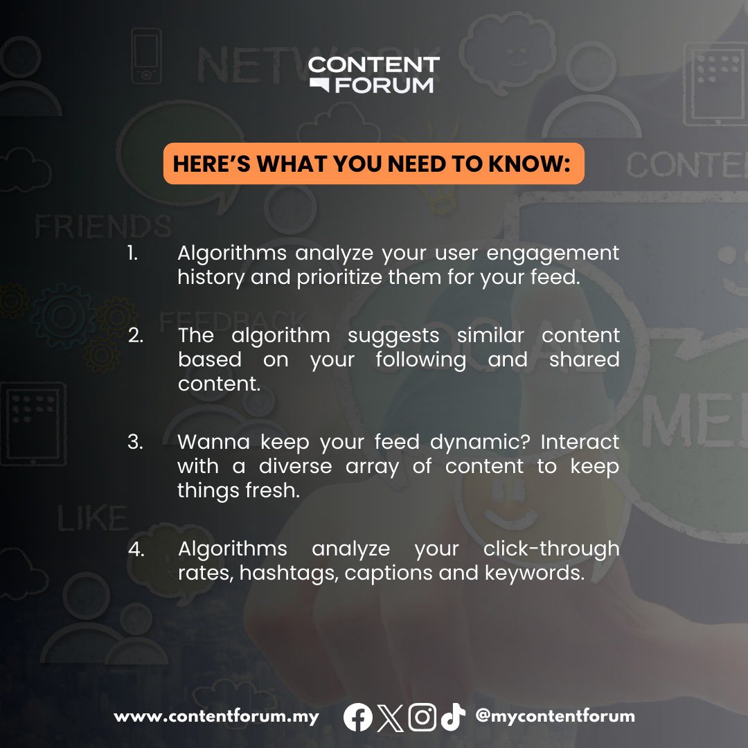 mycontentforum's tweet image. Have you ever wondered how ads on social media seem to ‘know’ you so well?
Social media algorithms may be a daunting concept, but knowing how to use it to your advantage can help shape a better online experience for yourself.
#MyContentForum
#SocialMediaAlgorithm