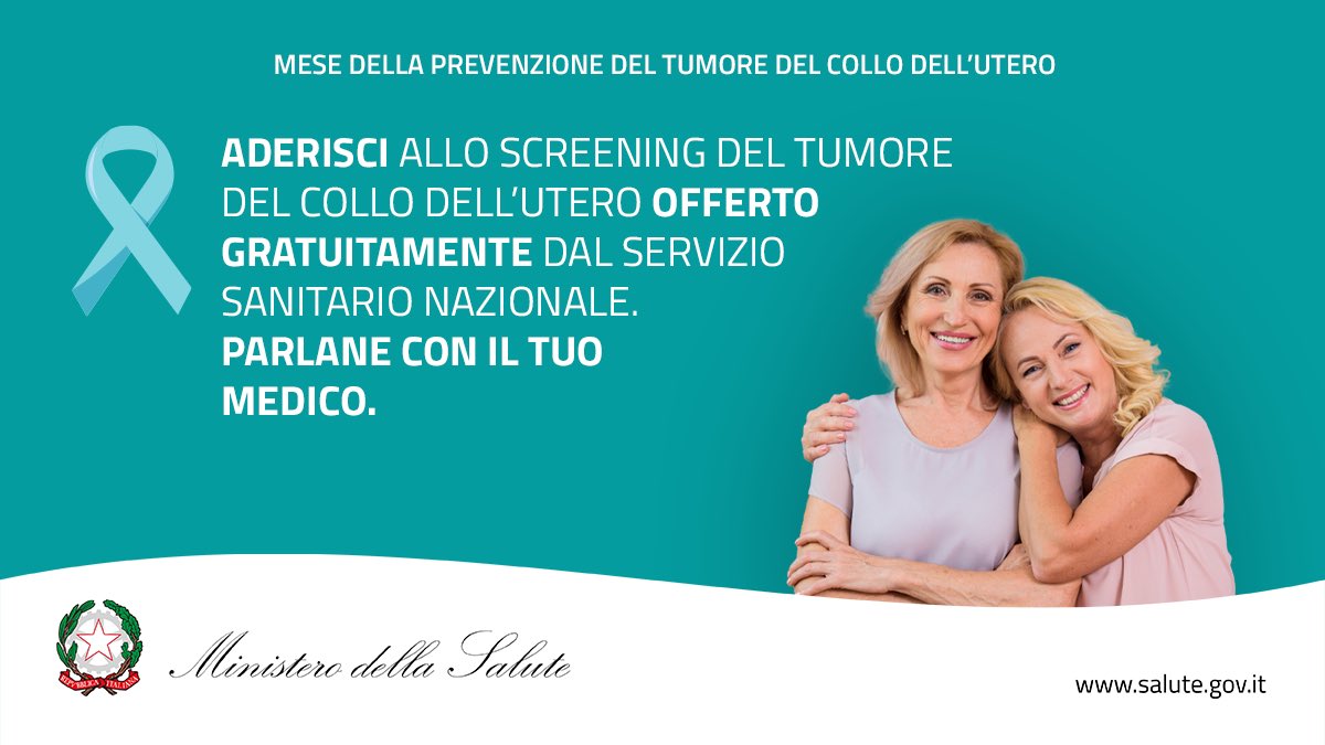 Nel nostro Paese il tumore del collo dell’utero rappresenta il quinto tumore per frequenza nelle donne sotto i 50 anni.
Il Pap-test è offerto gratuitamente ogni 3 anni alle donne tra i 25 e i 64 anni.
Non rimandare, aderisci agli screening del SSN! 

ℹ️bit.ly/screeningtumor…
