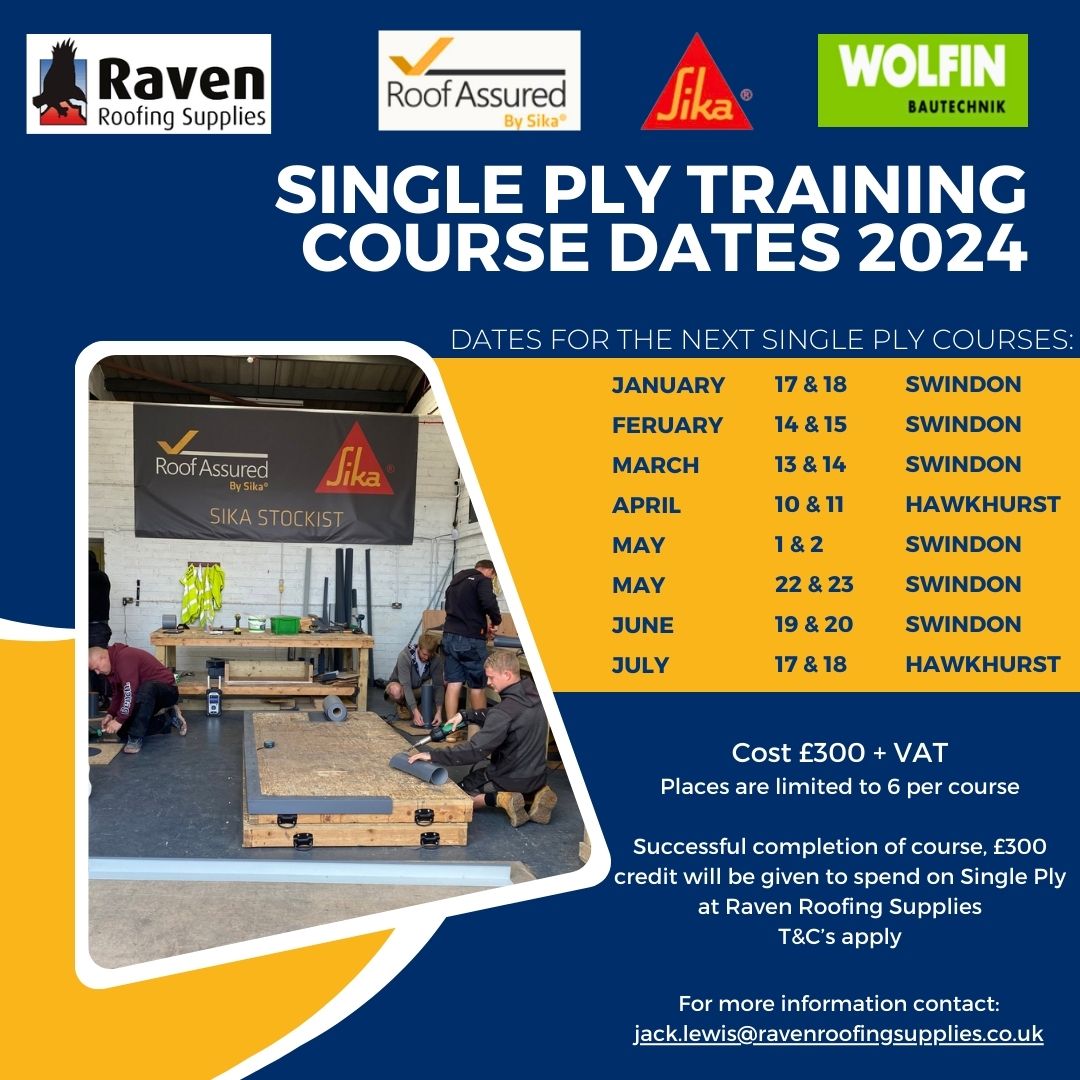 Check out our Single Ply Training Course dates! ⬇️

📧 For more info contact Jack Lewis at jack.lewis@ravenroofingsupplies.co.uk  

#SinglePly  #RoofingSupplies
<a href="/SikaLimited/">Sika UK</a> <a href="/RoofingToday/">Roofing Today</a> <a href="/RoofAssured/">Roof Assured by Sika</a>
