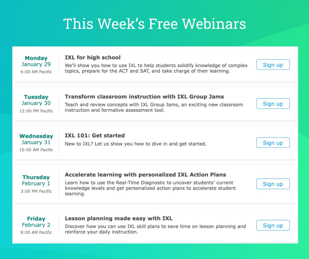 IXLLearning's tweet image. Want to learn about IXL Group Jams, Action Plans, and more? 

Then, attend our complimentary webinars! 

Sign up here: bit.ly/ixlwebinars