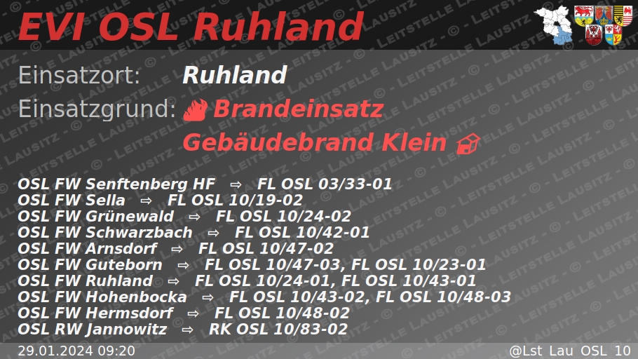 🚨 29.01.2024 09:20 🔥 🏠 B:Gebäude-Klein 🌐 Ruhland 🚒 ⇨ FW Senftenberg HF, FW Sella, FW Grünewald, FW Schwarzbach, FW Arnsdorf, FW Guteborn, FW Ruhland, FW Hohenbocka, FW Hermsdorf wachalarm.leitstelle-lausitz.de/dbrd/08e322b8-…