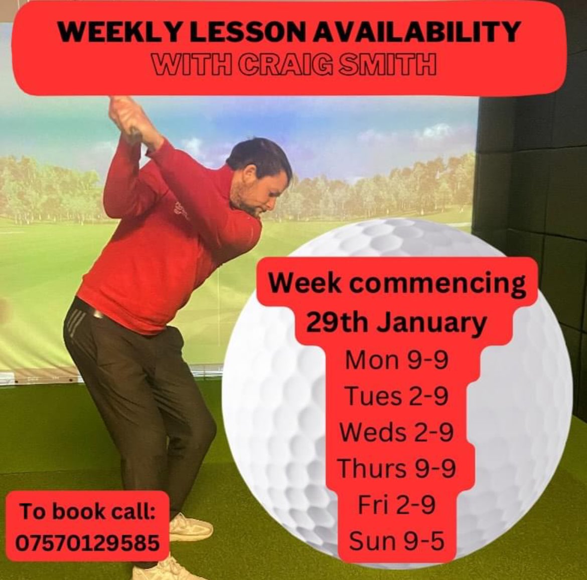 👏Lesson Availability for our Director of Golf Craig Smith this week!

🏌️‍♂️The 2024 golf season is upon us so don’t delay.. start fixing your swing today!

📞Needing additional information? Contact us on 07570-129585 or email on bookings@playtopar.com
