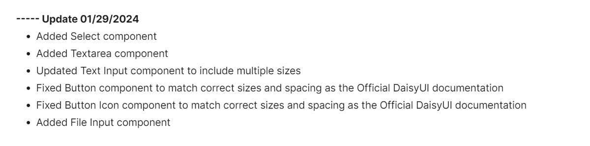 burca_vlad's tweet photo. 🆕 Update (01/29/2024):
✅ Added Select &amp; Textarea components
🔄 Updated Text Input with multiple sizes
🛠️ Fixed Button &amp; Button Icon sizes/spacings per Official DaisyUI docs
📁 New File Input component
#UIUpdate #DaisyUI #DesignTech 🎨💻 https://t.co/IZlG1yUctc