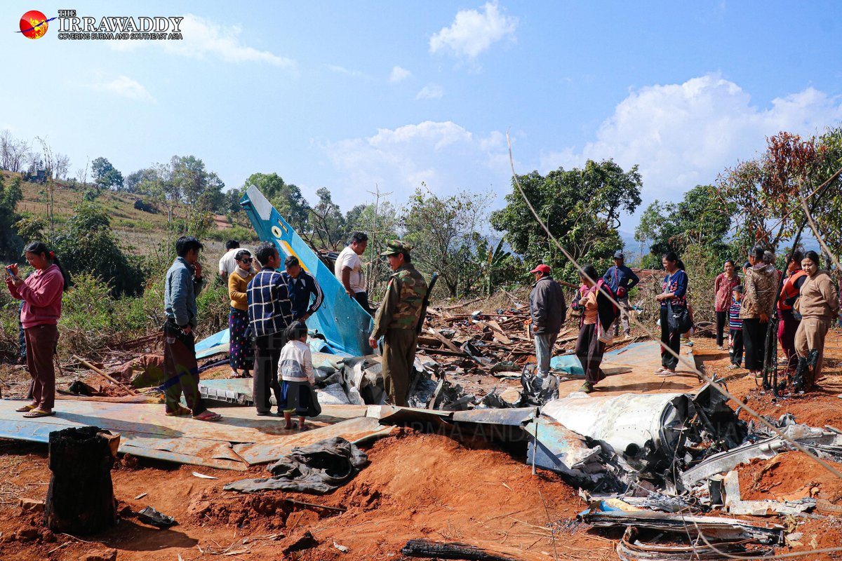 A junta fighter jet shot down on Jan. 16 by the Kachin Independence Army during its attack on a junta base in Nam Phat Kar Village, Kutkai Township in northern Shan State, is drawing dozens of visitors daily. Photo: The Irrawaddy #WhatsHappeningInMyanmar