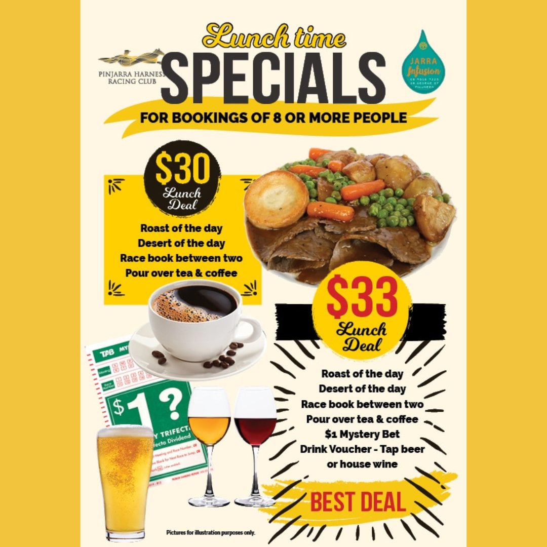 For bookings of 8 or more come and enjoy a delicious roast,  dessert of the day, pour over tea &amp; coffee, and one racebook between two for $30.00.  For an extra $3.00  you'll also receive a mystery bet and a drink voucher (tap beer, wine or soft drink).  To book call 9531 1941