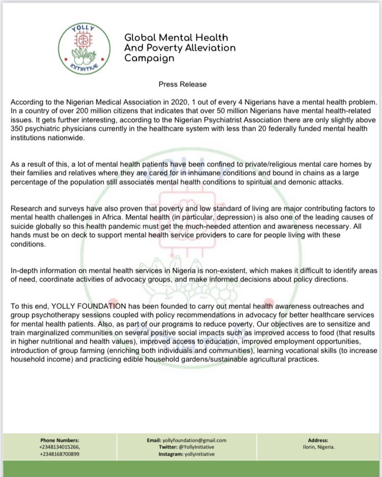 YollyInitiative's tweet photo. Yolly Initiative is a Global mental health and poverty alleviation campaign founded to reduce poverty and mental health conditions in Nigeria and Africa at large via positive social impacts. Attached is our policy brief and project introduction. 

#SDGs #sdg2 #sdg3 #UN https://t.co/ts8XFHl4jG