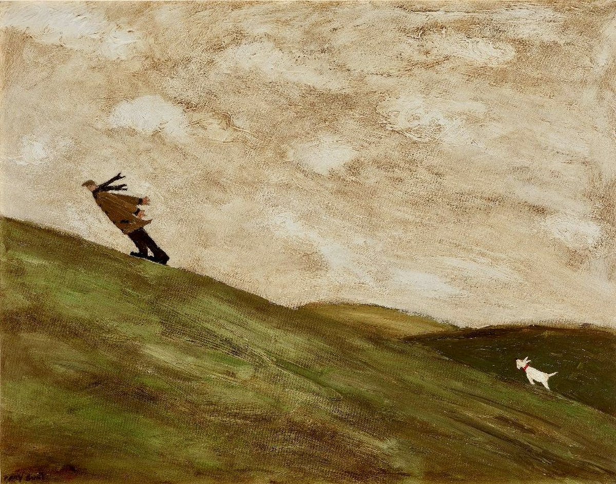 Not giving up is it … tek care if you have to be out and about in this 👍 #StormIsha #Storm Up the Downs on a very, very windy day (Oil on Canvas) by Gary Bunt (b. 1957) #Art