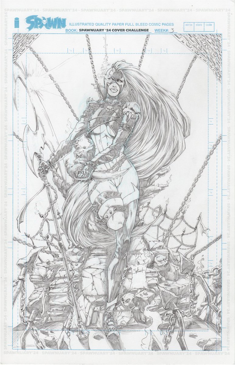 Skootsart's tweet photo. Cutting it close again! That's on me for not getting it to @coreyisinking sooner. Inks coming shortly! Here's my entry for week 3 of the #spawnuary #spawnchallenge from @Todd_McFarlane and @McFarlaneComics. Love #SheSpawn!!! Drew lots of chains...for the kids!
#comicart #spawn https://t.co/P9Y3QCuYmn