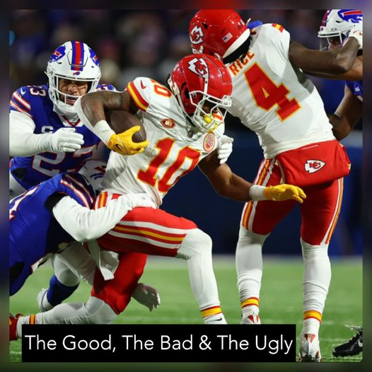 ShawnSorter's tweet photo. Before I get to The Good, the Bad, and the Ugly of today’s game against the Bills here are some amazing stats.  Before today the Chiefs were 30-6 in their last 36 games in December and January.  Patrick Mahomes is the 8th quarterback in history with 12 playoff wins and he’s been a starter for six years.  He has never failed to make the AFC title game in his career as a starter.  Prior to Mahomes coming to town I’ve only seen the Chiefs in one AFC title game, and that was with Montana against these same Bills.  It’s truly remarkable the era we get to live in.

Please check out the news at the end for some exciting stuff coming this offseason when it comes to yours truly and Chiefs content.

The Good

Chamarri Conner was in the game due to injuries.  He did a great job poking the ball out in the first quarter.  The Chiefs defense stepped up at the end of that drive to hold the Bills to a field goal.  In the 2nd half the defense looked like the defense we have become accustomed to, they just totally shut down Josh Allen and the Bills over and over and only allowed 7 points to a very good offense.

Patrick Mahomes was Playoff Pat again today.  His early escape and throw to Rice on the 1st drive was something we have seen so many times before.  Please never take what he does for granted.  His sidekick Travis had a great game as well, hooking up for two touchdowns.  They also broke the record for total playoff touchdowns by any combination in history with 16, taking that away from Brady and Gronk.

CEH lately seems to have one amazing play most games, and tonight was no exception.  His 28 yard scamper came at a time when we really needed a spark.  And speaking of running backs, there are not many in the league I’d prefer over Pachecho who again had over 100 all purpose yards, especially when you consider what a value he is.

MVS had an amazing catch and three others as well.  We have been waiting for him to step up and today he finally did.

The Chiefs averaged nearly nine yards per play tonight including eight plays of 20 or more yards, while the Bills had exactly zero.

I literally said watch the punt fake to the family before the Bills tried it and said we should keep the defense on the field.  I had absolutely no idea we only had ten players out there and am thrilled we held them.

My wife and daughters did some magic voodoo with our fingers towards the television on the Bills final field goal attempt.  We are convinced we made a difference.

Harrison Butker quietly hit every kick he was given.  On a night like tonight where we didn’t need Patrick to be the hero late I think it’s important to point that out.

The Bad

The defense was getting gashed the entire first half by the Bills running game.  We had no answer for it, especially for the Allen runs once Gay went out who was supposed to be spying him.  Nnadi being out may have been a bigger factor than anyone knew.  It was interesting how very little was made of the Chiefs injuries but we constantly heard who the Bills were missing all week.  Mckinnon and Cook were out for us as well as Nnadi and the players who went down during the game, Gay and Edwards.  And we felt the difference right away as well.

The Ugly

We missed an opportunity to initiate a review we likely could have won early on the Allen forward pass.  I’d love to know what our process for deciding that is, but it was a big play for the Bills.

Our two worst moments still came down to our receivers.  Justin Watson had a drop early on the four yard line that likely cost us 4 points.  Mecole Hardman had two fumbles, one of which we lost at the 2 yard line that went into the end zone for a touch back.  I’m not sure he should be given the ball again ever with this team.  I put blame on Mecole’s 2nd fumble on the coaches as well.  Why when we are in short yardage and goal do we not simply hand the ball to Pacheco three times up the middle?  I’m also a bit baffled what angle the replay official had on that play.  None of the angles we were shown could clearly know when Mecole’s rear hit the ground.

I don’t understand the play call on our 1st play of the last drive of the half.  Did we not want to score?  And how do we have both tackles end up with a penalty on the same play?  Thankfully the penalties were limited otherwise.

The Bills got away with several chippy post possession antics, they must have been really feeling the pressure to win this game.

The bounces of fumbles have not gone our way all year.  That said, please just fall on the ball rather than go for the scoop and score.  The Chiefs could have had a comfortable lead at the end without several self inflicted mistakes.

“Buffalo entered the game hoping to exorcize a new demon but ended up being haunted by an old one.”

In conclusion it’s on to Baltimore.