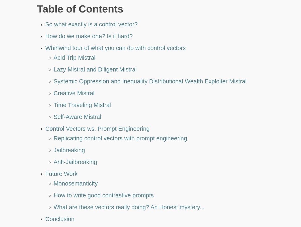 voooooogel's tweet image. new blog post! played around w/ representation engineering, and released a new library for training control vectors in &lt;60s! i train some useful control vectors, some… out there… control vectors, test them for jailbreaking, test them *against* jailbreaking, and more!