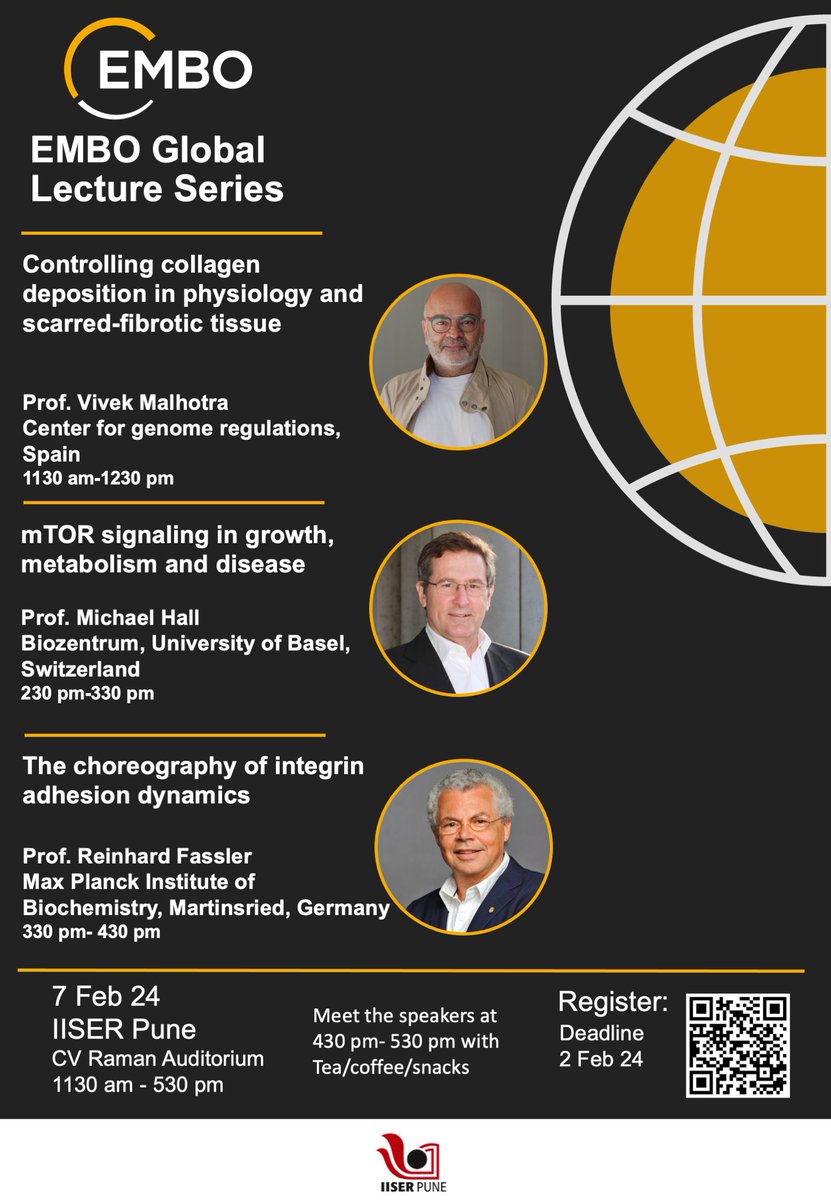 EMBO Global Lectures 2024, IISER Pune. 7th of Feb 2024 in the CV Raman Auditorium from 1130 am to 530 pm. @EMBO @EMBOevents @IISERPune To register : tinyurl.com/EMBOIISER