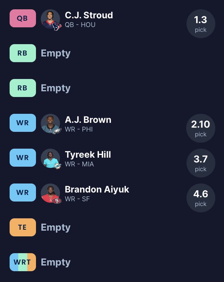 GuruFantasyWrld's tweet image. #ZeroRB SF Startup

(Would recommend Lamar/Hurts at 1.03; wanted to add 1 Stroud share)