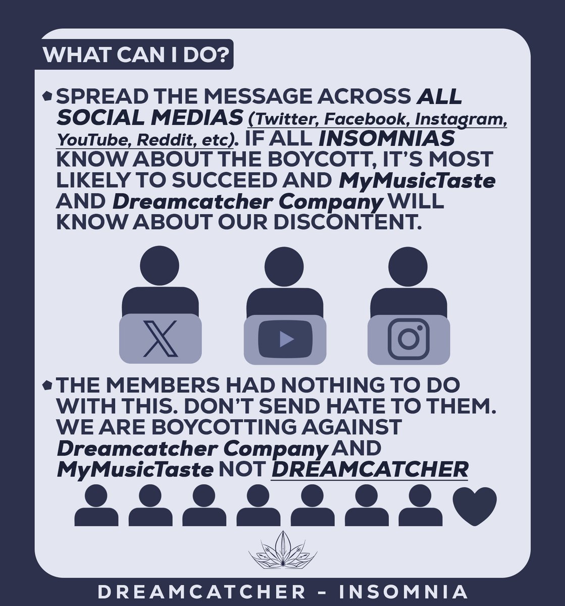 bxcauseily's tweet photo. When DCC and MMT decided to announce the 777 Project for the tour, a lot of accounts here decided to bring up the idea of a boycott against it.
I made a little graphics of what we are supposed to do to show our discontent and disappointment:
#Dreamcatcher @hf_dreamcatcher https://t.co/w3kQu0Mt3s