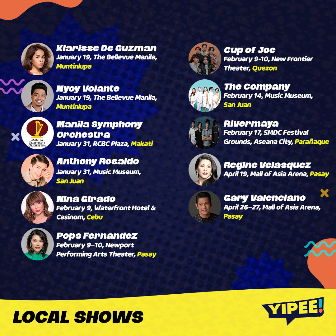 YipeePh's tweet photo. Yipee’s got you covered from electrifying concerts to cultural festivals so MARK YOUR CALENDARS 📅, file your vacation or (sick 🤫) leaves, and start planning! 📋
#YipeePH #musicislife #musicfestival #musicaltheatre #OPM https://t.co/NJZqmk2VN2