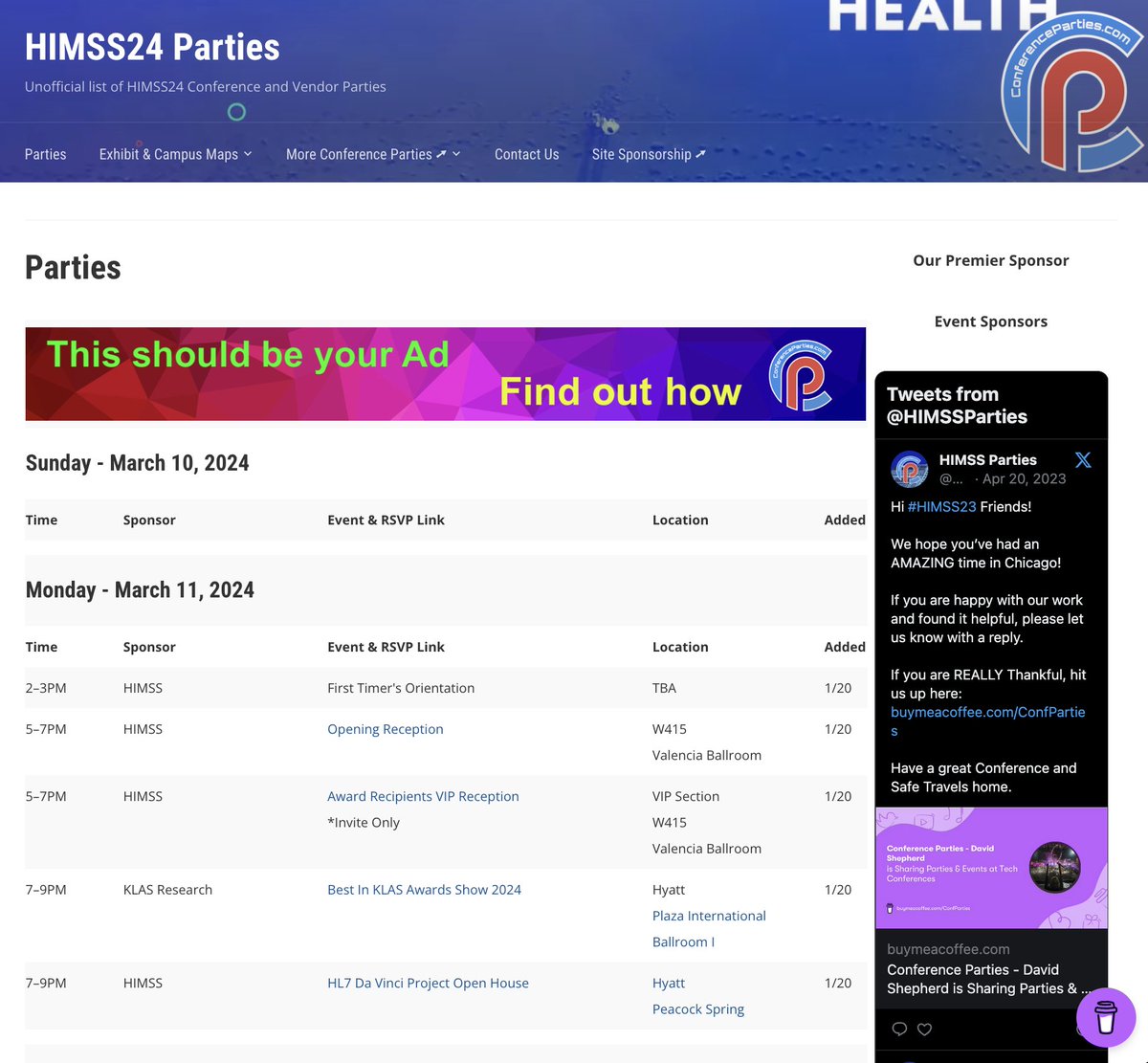 Hey HIMSS People!!! 

Getting Ready for the Parties at #HIMSS24? 

Our new HIMSS-Parties.com site is up. 

Event Planners &amp; Sponsors: Adding an event is ALWAYS FREE! 

conferenceparties.com/himss24/contac… 

#HIMSS #HealthIT