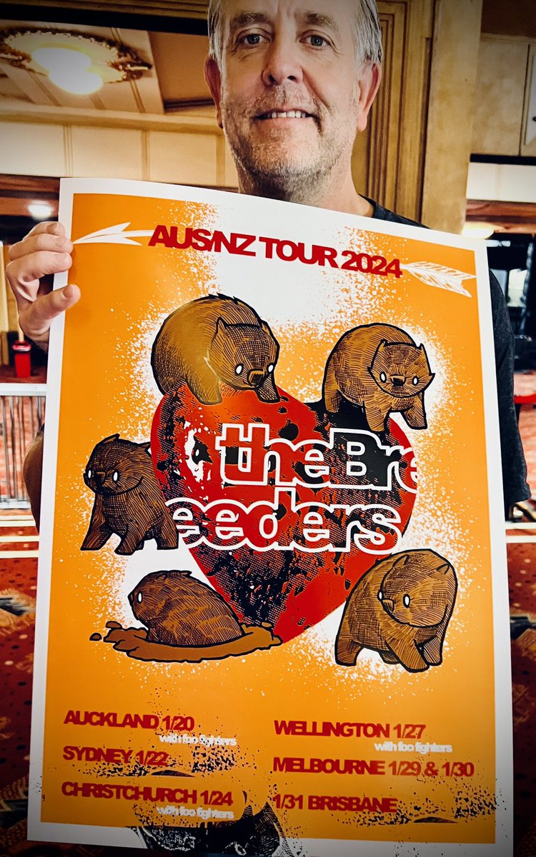 To celebrate our 2024 Australian dates, we have printed a special poster designed by our friend Jay Ryan (The Bird Machine). The first 30 sold at each show will be signed by the band. Here it is being modeled by our own Jim Macpherson. bit.ly/BreedersTour