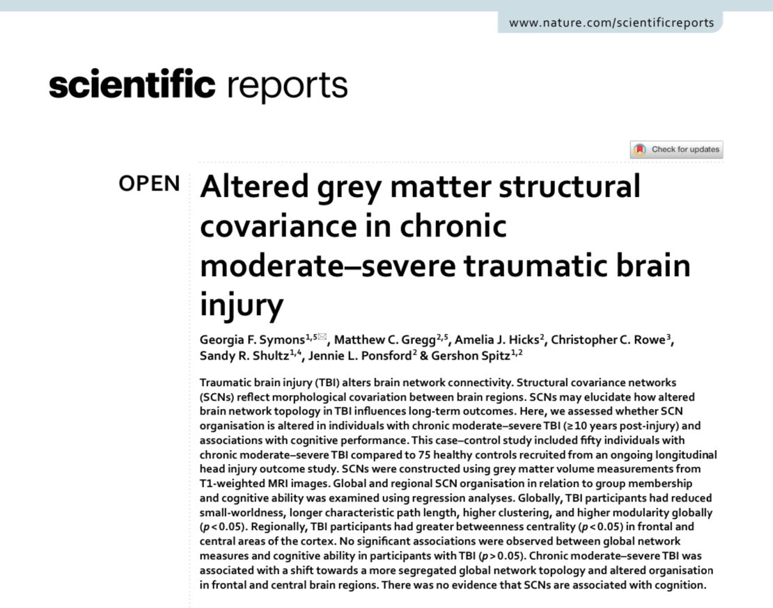 Really excited to share this #research I’ve been working on with @gershonspitz on structural covariance networks in #TBI. rdcu.be/dwq70 Published with @SpringerNature in @SciReports. @CCSNeurosci @Monash_FMNHS @shultz_sandy @ameliajhicks @MonashTrauma