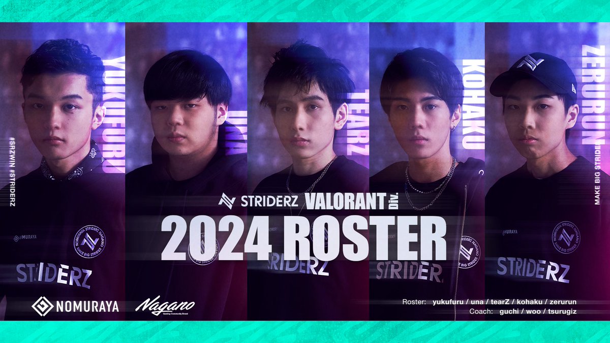 【 #VALORANT 部門設立のお知らせ 】

NOMURAYA STRIDERZ NAGANOは新たにVALORANT部門を設立いたしました事をお知らせします。

PLAYER
-tearZ 
-kohaku
-zerurun 
-yukufuru 
-una

COACH
-guchi 
-woo 
-tsurugiz 

#SRZWIN #STRIDERZ