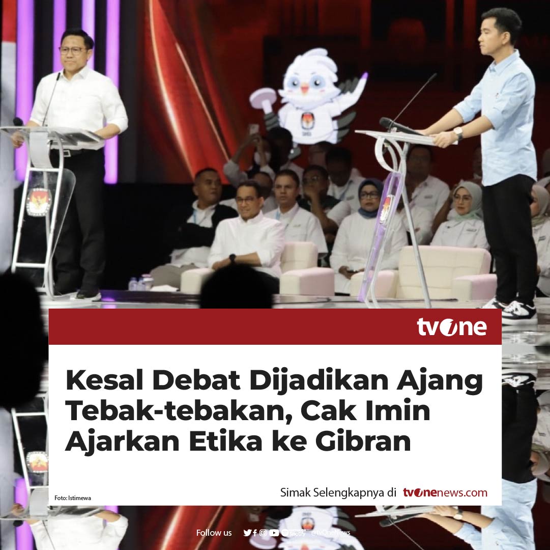 Cawapres nomor urut 1, Muhaimin Iskandar (Cak Imin) terlihat kesal dengan tingkah Cawapres nomor urut 2 Gibran Rakabuming Raka di debat yang digelar semalam.

Ia tampak mengajarkan soal etika ke Gibran dalam menjawab pertanyaan yang diberikan oleh Wali Kota Solo itu. 

"Pak