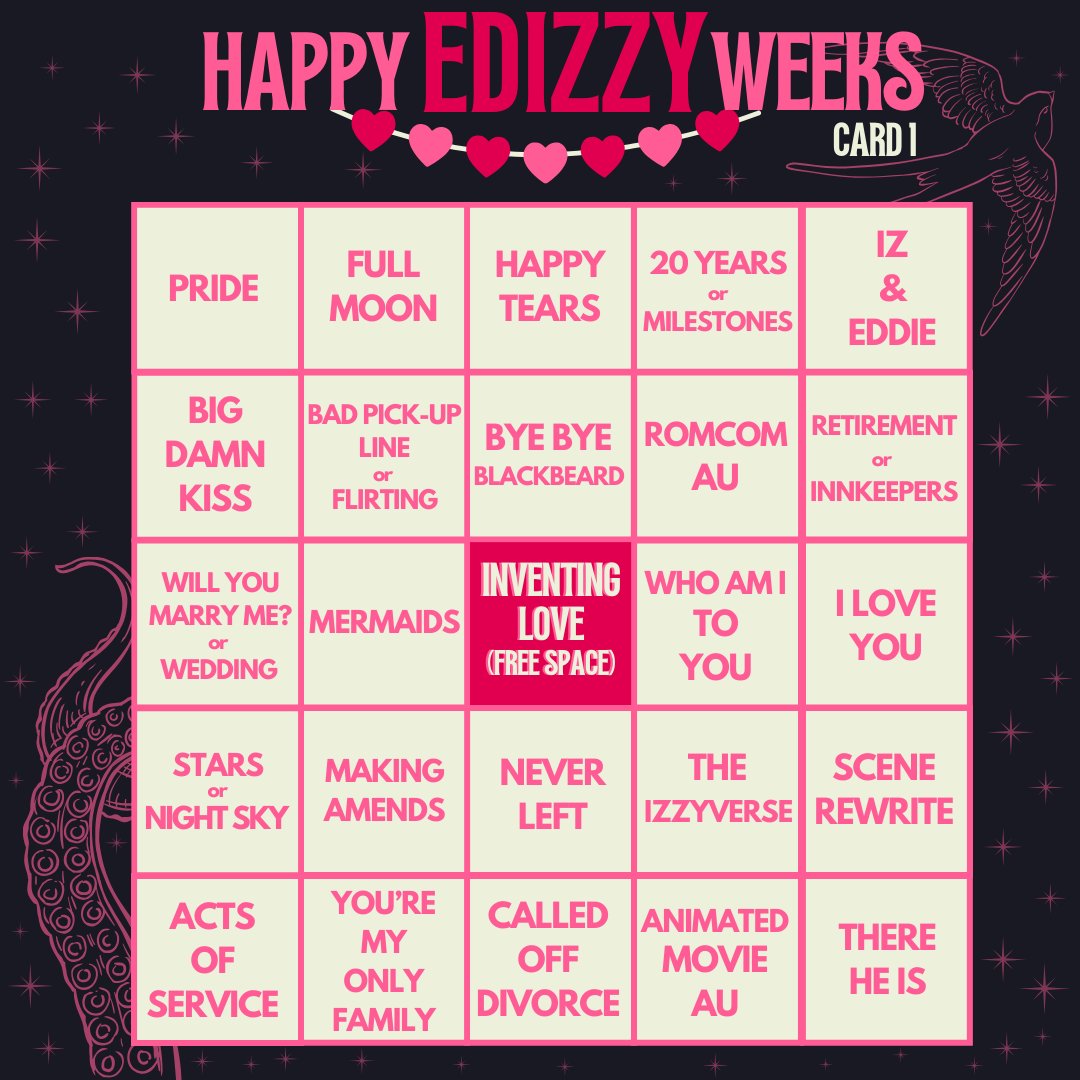 HappyEdizzyWeek's tweet image. ✨#HappyEdIzzyWeeks: back for 2024 and now with 2 WEEKS of happiness, love and romance for EdIzzy

✨From FEB 9TH - 23TH, go all out and create to fill out the prompts and maybe get a bingo!

✨ Three options of card for you to pick! Anything is valid, as long as they're happy❤️