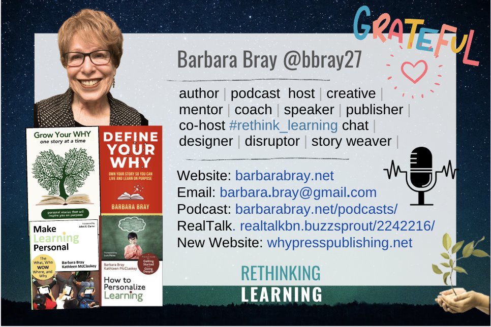 Hi #teachpos! I'm Barbara from Oakland, CA. Podcast host. Co-host #rethink_learning chat. Author #DefineYourWhy + new book #GrowYourWhy launching soon. Podcast 'Real Talk'. Story Weaver. Tagging @donna_mccance @celyendo @LiviaChanL @mcdonald_kecia @LeanoraBenton3 @Rdene915