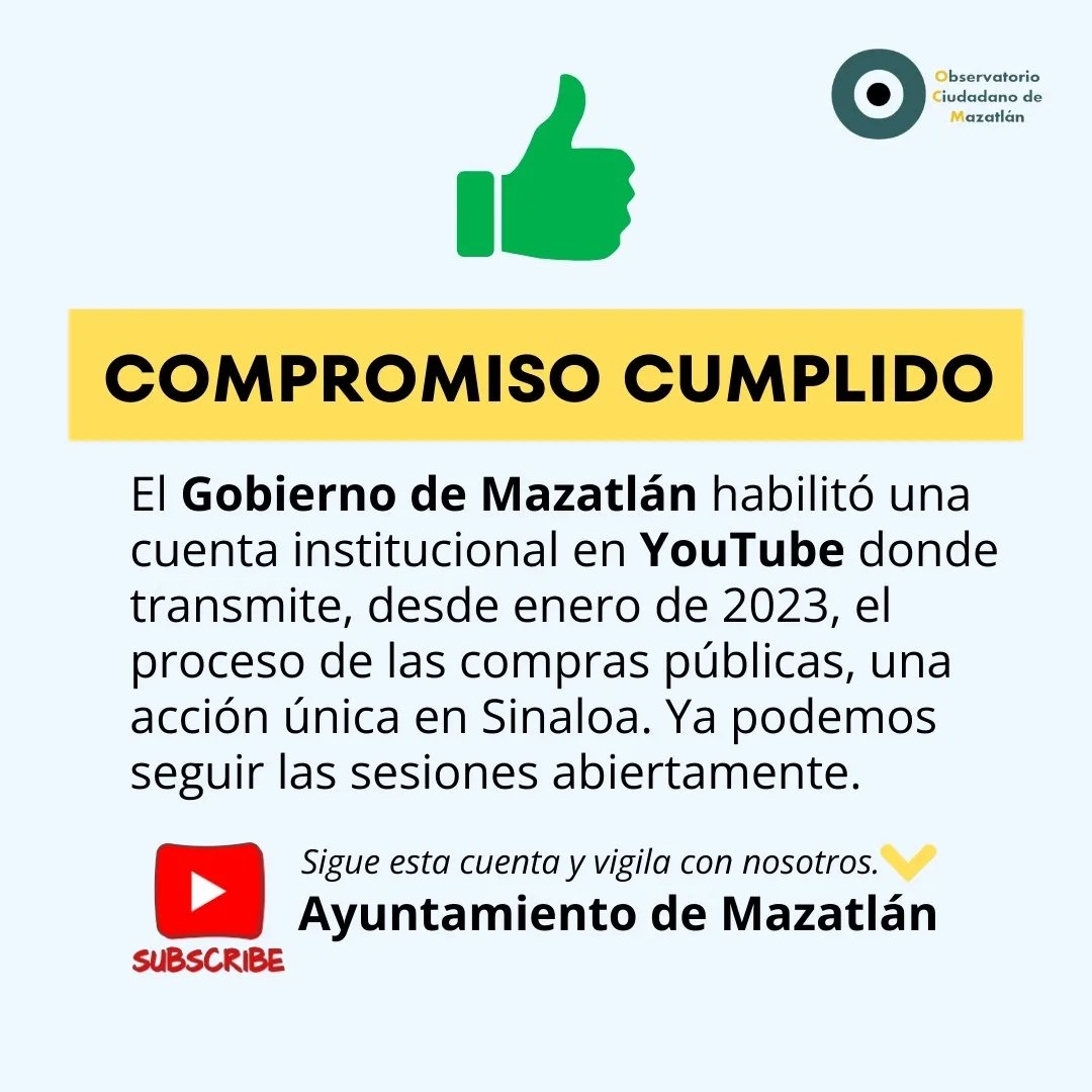 observatoriomzt's tweet photo. 🔴 Así va el primero de 10 #compromisos que le propusimos al @AytodeMzt
✅️ #Compromiso1 cumplido.
Échale un ojo a la cuenta de #YouTube donde se transmiten las sesiones, también puedes encontrar los procesos de compras públicas pasadas.
#Quédate te iremos contando más.👏👏 https://t.co/C7VBtclEcK