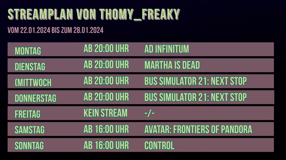 Thomy_Freaky's tweet photo. Mein #Streamplan vom 22.01.2024 bis zum 28.01.2024
-
Live auf: https://t.co/EL7OFC2IHI
-
#AdInfinitum #MarthaIsDead #BusSimulator21 #BusSimulator21NextStop #AvatarFrontiersofPandora #Control #ControlRemedy #TwitchDE #twitchdeutschland #Twitch #TwitchGER #GermanMediaRT https://t.co/8UQgYRa3rN