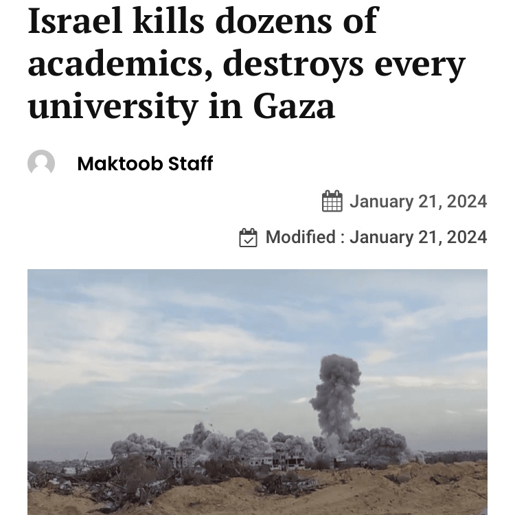 scholasticide. 
educide.
epistemicide.
genocide.

“destroying universities and killing academics and students will make it more difficult to resume university and academic life when the genocide ends… it may take years for studies to be resumed…”
#BDS
maktoobmedia.com/world/israel-k…