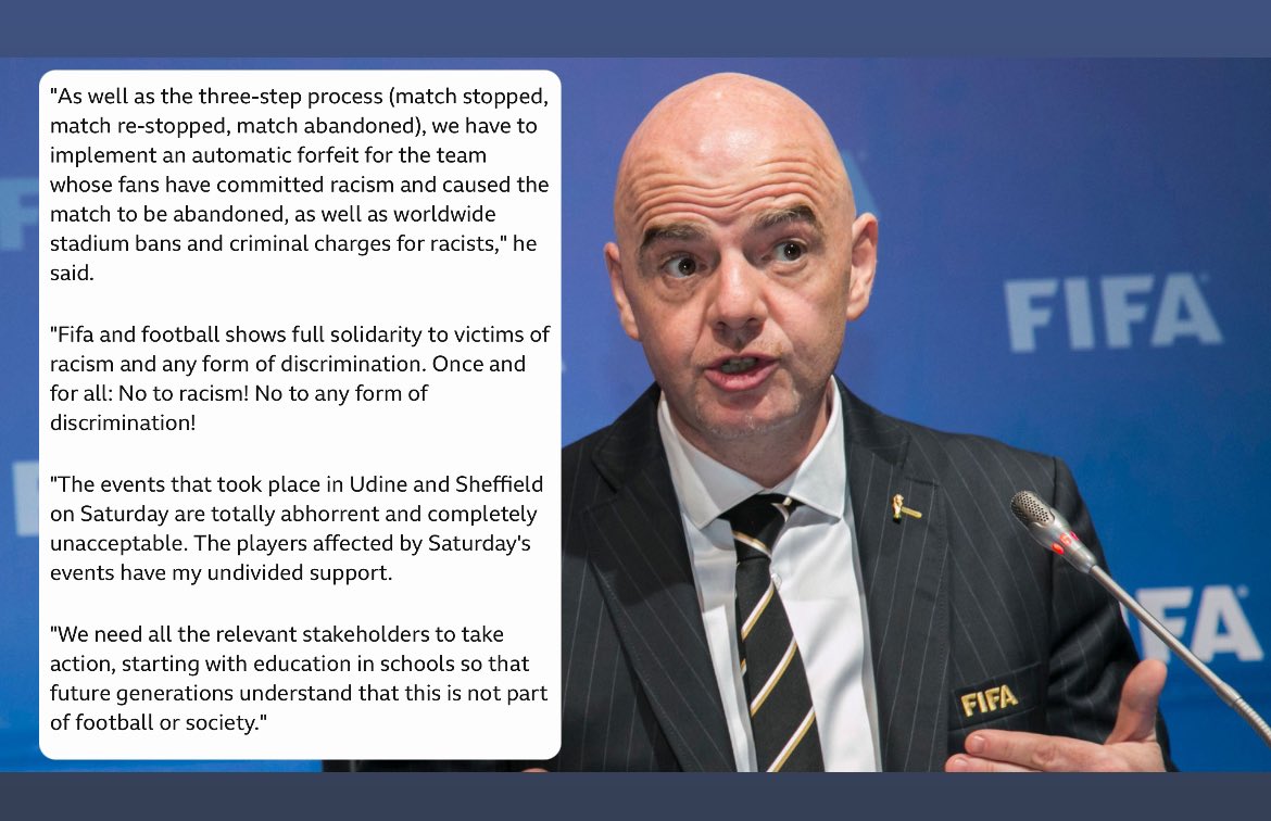 #FIFA President Gianni Infantino has called for an implementation in which should #racism occur in future games, the game would be forfeited.

This comes after a latest string of incidents where Coventry City’s Kasey Palmer and AC Milan’s Mike Maignan were racially targeted.