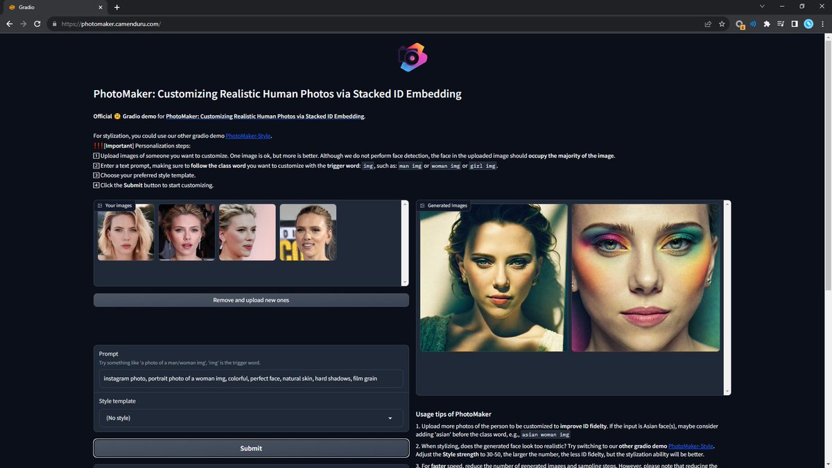 camenduru's tweet photo. I am super happy 🥰 to introduce our first 🧿 non-profit GPU cluster running the first paper demo with @gradio 🥳
🖼 PhotoMaker: Customizing Realistic Human Photos via Stacked ID Embedding 🔥 📸 Demo & Colab 🥳
Thanks to @zhenli1031 ❤ Mingdeng Cao ❤ @xinntao ❤ Zhongang Qi ❤ Ming-Ming Cheng ❤ @yshan2u ❤
🌐page: https://t.co/TMUYhYqcyO
📄paper: https://t.co/UhT9jC1Ifo
🧬code: https://t.co/uknw1TU0fz
🧿demo: please try it 🐣 https://t.co/G2ZRUeGg3a
🦒colab by https://t.co/uUxzMCZb53: please try it 🐣 https://t.co/pDfnvDLxTX