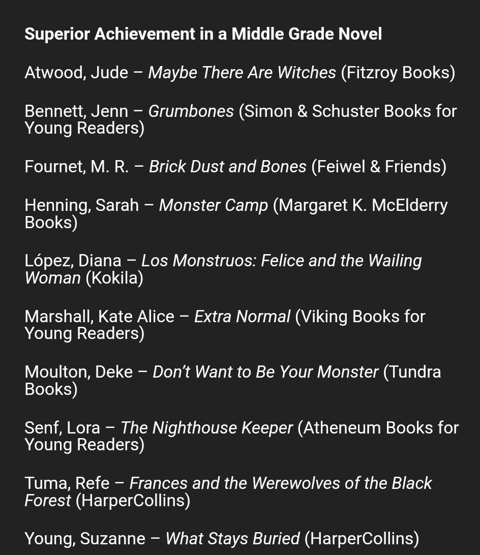 I'm honored to see THE NIGHTHOUSE KEEPER on the Bram Stoker Award preliminary ballot for Superior Achievement in a Middle Grade Novel. Thank you HWA. Congrats to all my friends on the ballot. 🖤