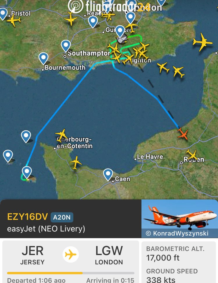 Hannah8282's tweet photo. Flight headed from Jersey to Gatwick, aborted landing…now on way to France!!! #flightradar #StormIsha https://t.co/yLnRTUg5tX