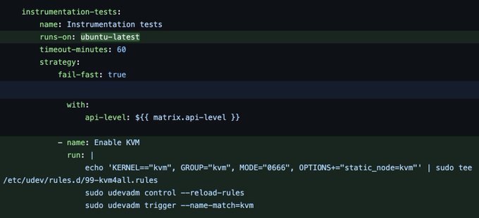 Code to enable KVM:

            - name: Enable KVM
              run: |
                  echo 'KERNEL=="kvm", GROUP="kvm", MODE="0666", OPTIONS+="static_node=kvm"' | sudo tee /etc/udev/rules.d/99-kvm4all.rules
                  sudo udevadm control --reload-rules
                  sudo udevadm trigger --name-match=kvm