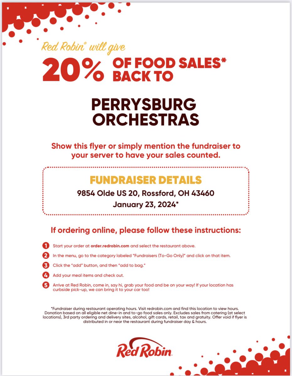🚨🍔THIS TUESDAY🍔🚨

Come out this Tuesday, January 23 to Red Robin in Perrysburg/Rossford and enjoy a delicious meal while also supporting the Perrysburg Orchestra Boosters🎻

Show this flyer or mention it to your server🍽️

ONLINE ORDERS ACCEPTED! See directions in flyer below