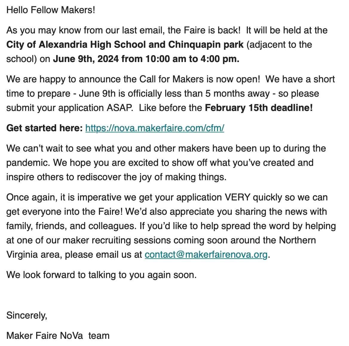 _homemaker's tweet image. We’re back for @makerfairenova 2024 at @AlexCityTitans on Sun, June 9 from 10 AM-4 PM. Grateful for our collab with City of Alexandria AlexandriaVA.gov! Submit your app by Feb 15! nova.makerfaire.com/cfm/
#MakerMovement #AlexandriaVA #AlexandriaCityHighSchool #Makers