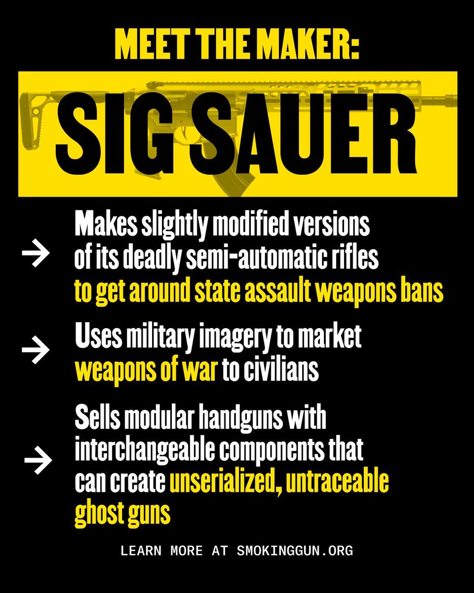 Everytown's tweet photo. Sig Sauer calls itself a “complete systems provider,” as it makes pistols, rifles, and even machine guns as well as a wide range of ammunition, silencers, optics, and airguns. #MeetTheMaker https://t.co/B5dKgZCc3O https://t.co/jWKAtC3yt8
