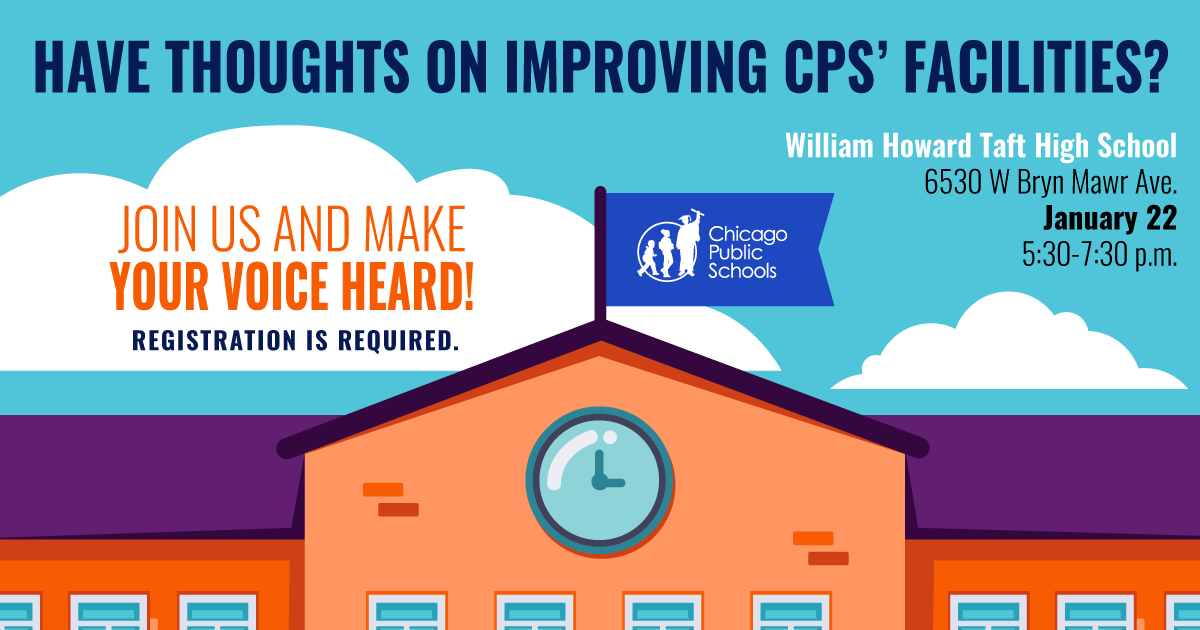 ChiPubSchools's tweet photo. Share YOUR thoughts and priorities on improving our children’s learning environments at an interactive community discussion at @Taft_HS! Your input will help inform CPS’ facility improvement plans. Register to attend in person or virtually at: https://t.co/afZEv7YYCL https://t.co/AxJ3j2Q5M3