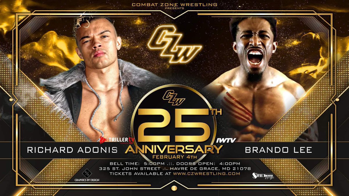 🚨🚨🚨BREAKING🚨🚨🚨 #CZW25 UPDATE - RICHARD ADONIS v BRANDO LEE 🎟️: tinyurl.com/czw25th 📺: TrillerTV: Powered by FITE & IWTV CZW presents: “25th Anniversary” Sunday, February 4th, 2024 325 St. John St., Havre de Grace, MD 🔔: 5pm 🚪: 4pm