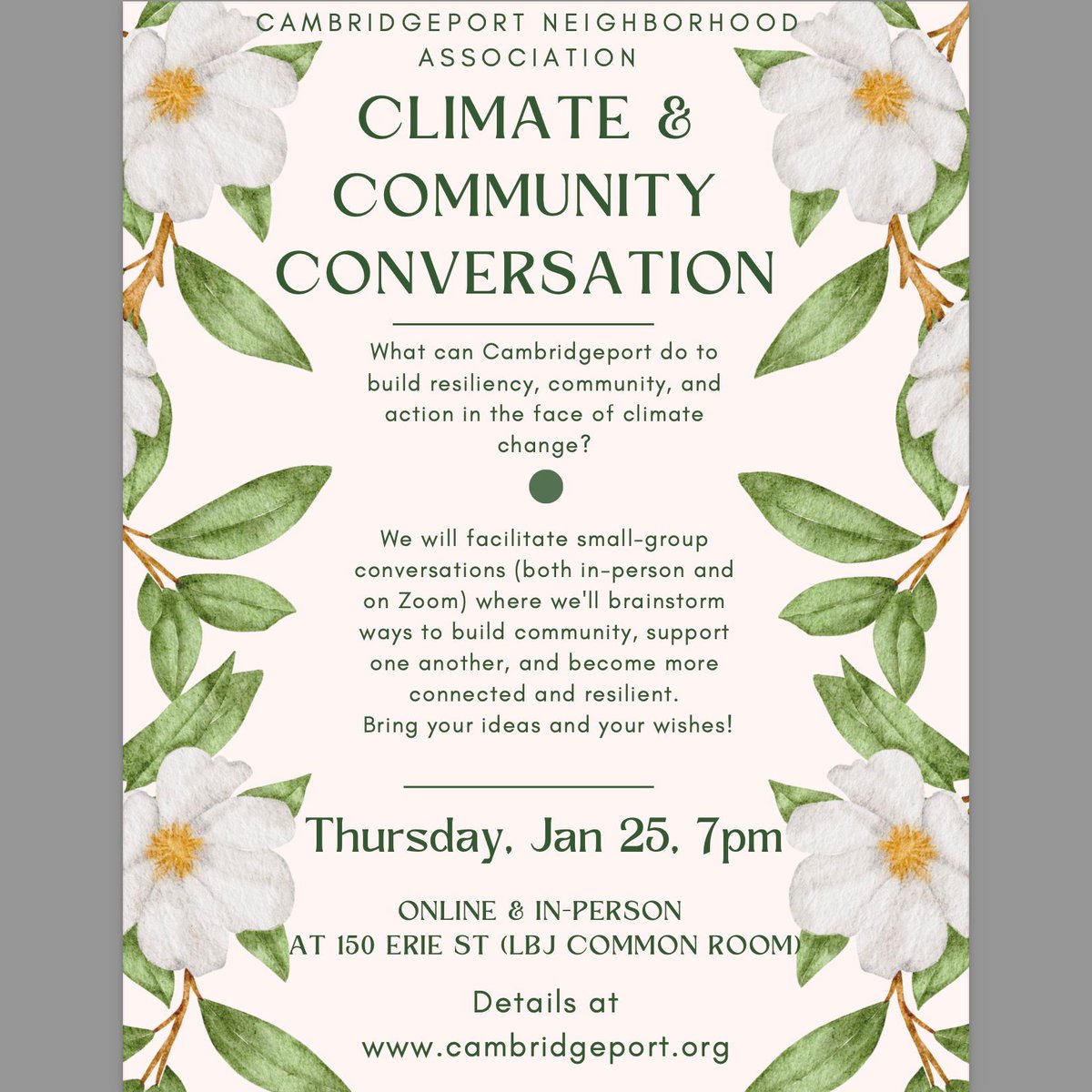 Our Climate &amp; Community Conversation is this Thursday! We need all of #cambridgeport there to help us brainstorm a connected, resilient community. Please invite your friends and neighbors!
@centralsqbid #cambma