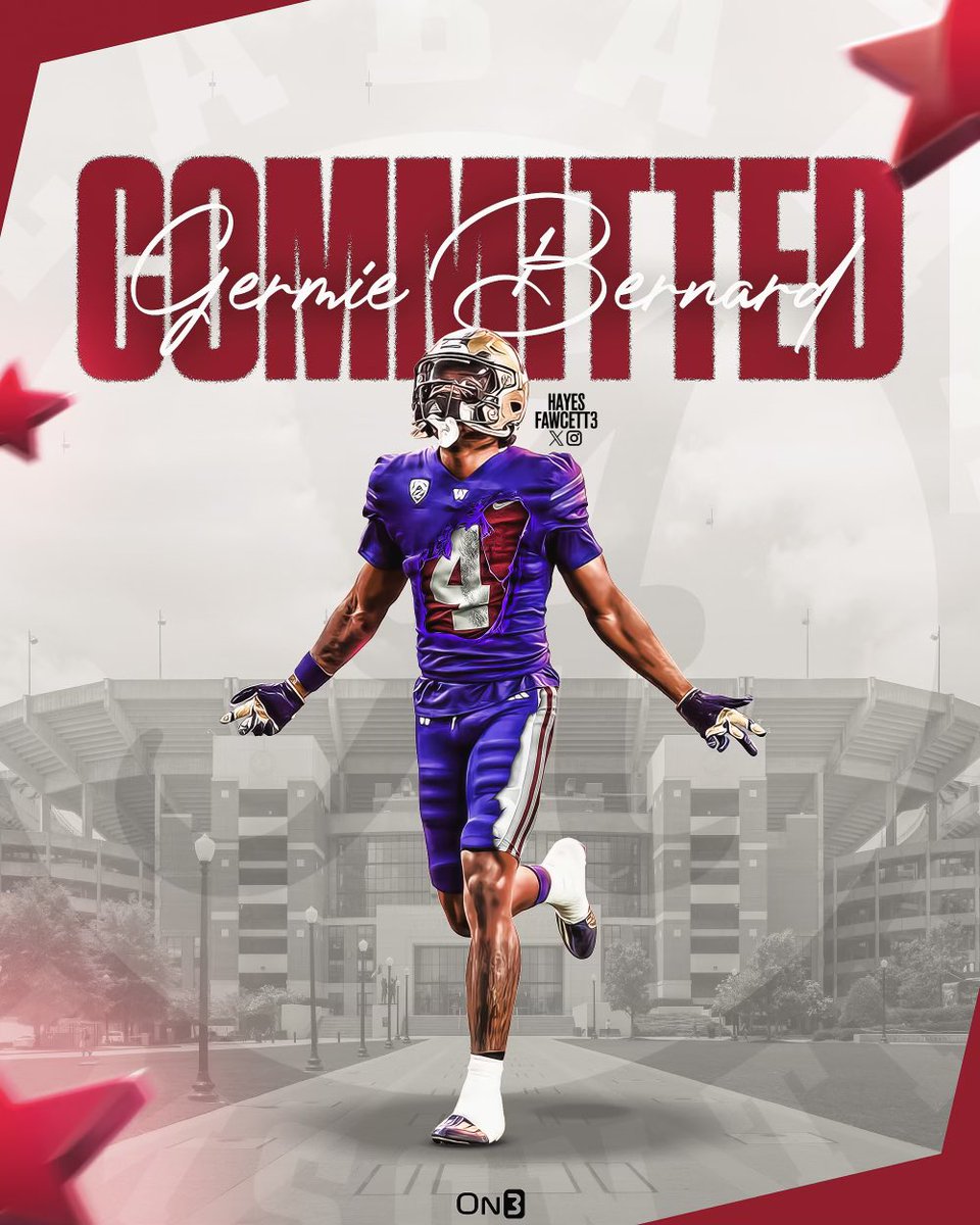 Hayesfawcett3's tweet photo. BREAKING: Former Washington WR Germie Bernard has officially Committed to Alabama, he tells @on3
The 6’2 200 WR totaled 41 Receptions for 547 Yards & 4 TDs in his 2 years with the Huskies
Will have 2 years of eligibility remaining
https://t.co/0Owbzm4NNA https://t.co/X5cfFQIXoQ