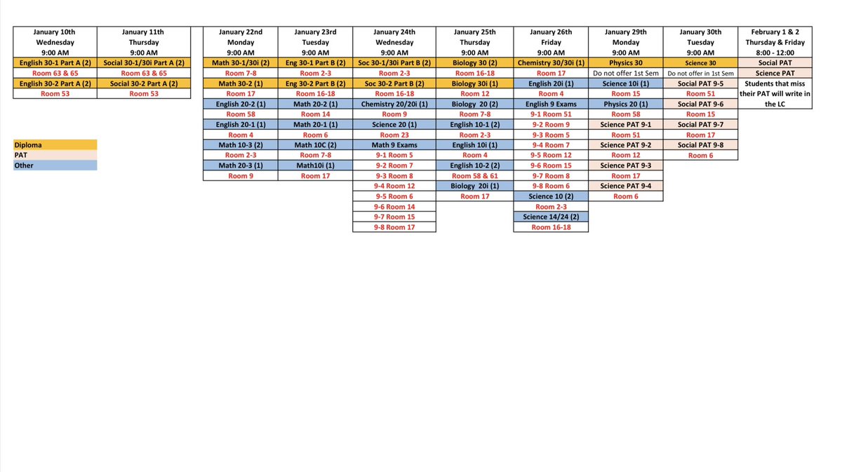 Here is our exam schedule for January 22 - 30. Good luck to all students on your midterm and final exams!