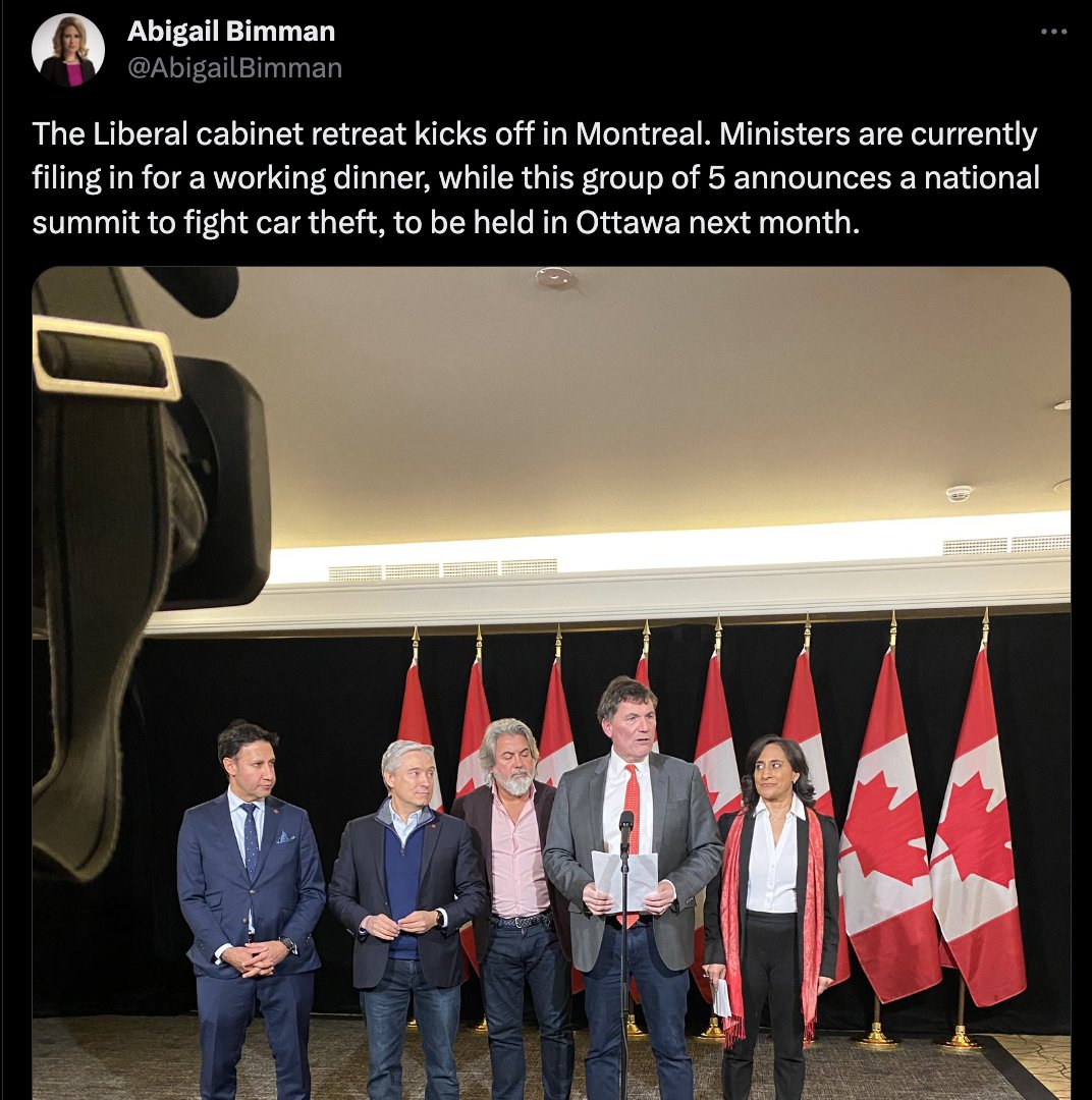 PierrePoilievre's tweet photo. After 8 years of Justin Trudeau, car thefts are UP 34% across Canada - with a staggering 106% jump in Montreal & 217% jump in Toronto. 

While this happened, Liberals doubled down on their catch-and-release justice system.

Now, they are meeting to discuss how to reverse the damage they’ve done.
