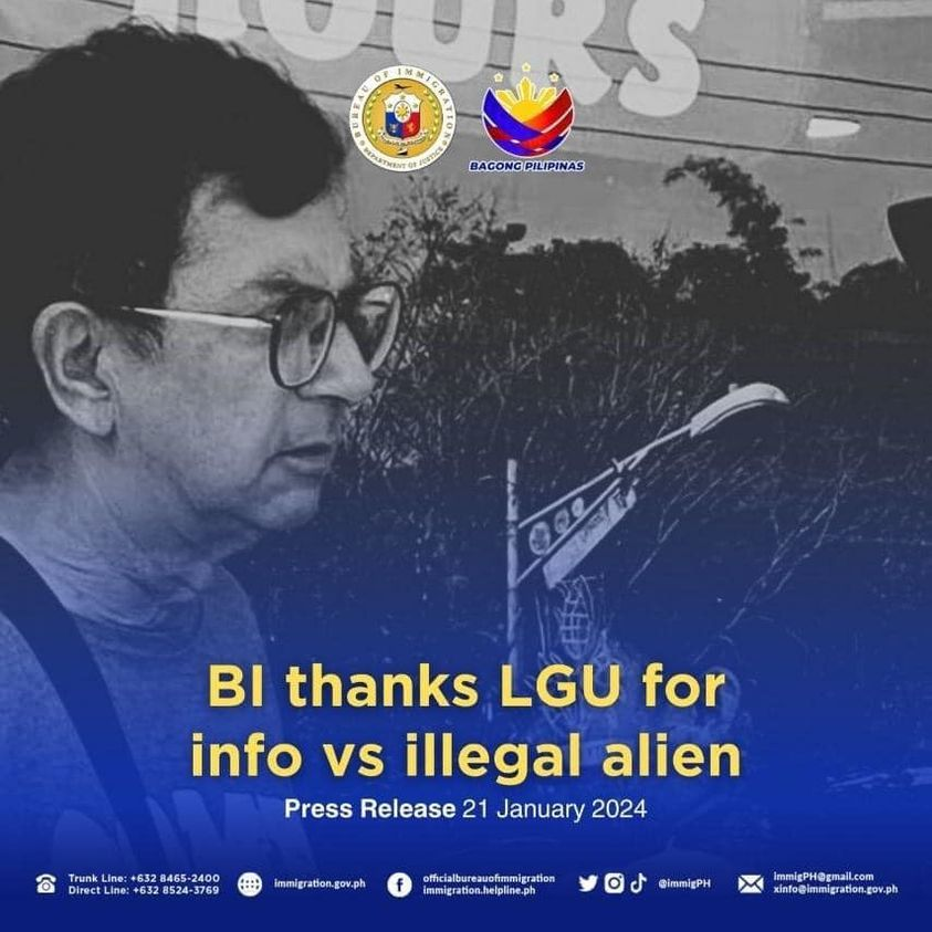 21 January 2024

ILAGAN CITY, Isabela—The Bureau of Immigration (BI) said that information from local government units (LGUs) regarding illegal aliens in their areas remain critical in locating and arresting violators.

READ: facebook.com/immigration.he…
