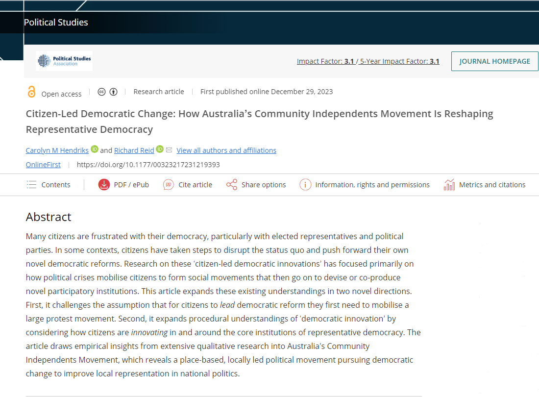 Monday read 📑 𝐂𝐢𝐭𝐢𝐳𝐞𝐧-𝐋𝐞𝐝 𝐃𝐞𝐦𝐨𝐜𝐫𝐚𝐭𝐢𝐜 𝐂𝐡𝐚𝐧𝐠𝐞 Exploring the transformation of representative democracy, Crawford Professor @CarolynHendriks and Dr Richard Reid delve into the impact of Australia's Community Independents Movement. Open access article:…