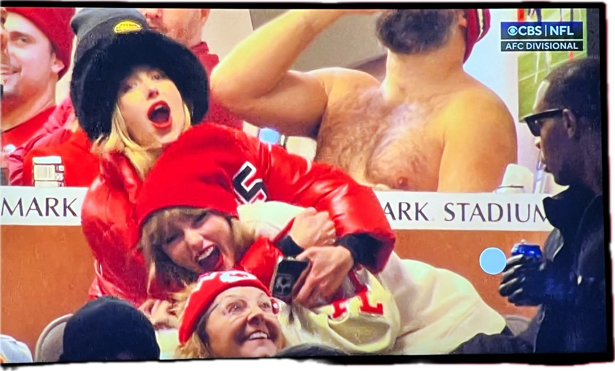 Michael_Fabiano's tweet photo. Jason Kelce is shirtless getting 💩 faced in the Chiefs suite with Taylor Swift cheering on her boyfriend, his brother, Travis. 

What a life. https://t.co/zuSpTqoMJS