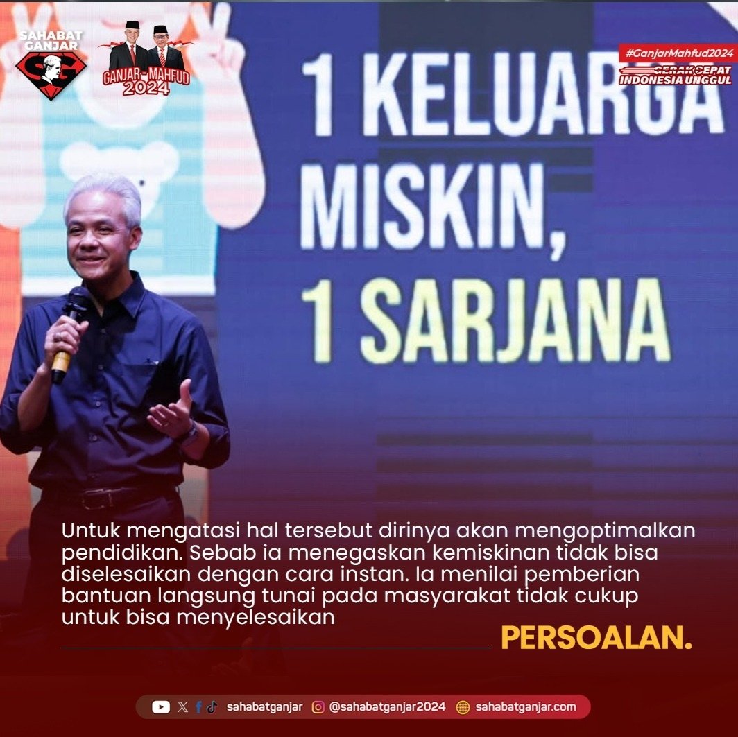 Saya sering bertemu keluarga kurang mampu, bahkan ada anaknya sampai menangis ingin sekolah lanjut karena teman2nya pada kuliah.

Ayo kita dukung..
Dgn memilih Ganjar-Mahfud anda ikut mewujudkan mewujudkan HARAPAN anak2 kel miskin MEWUJUDKAN MIMPINYA