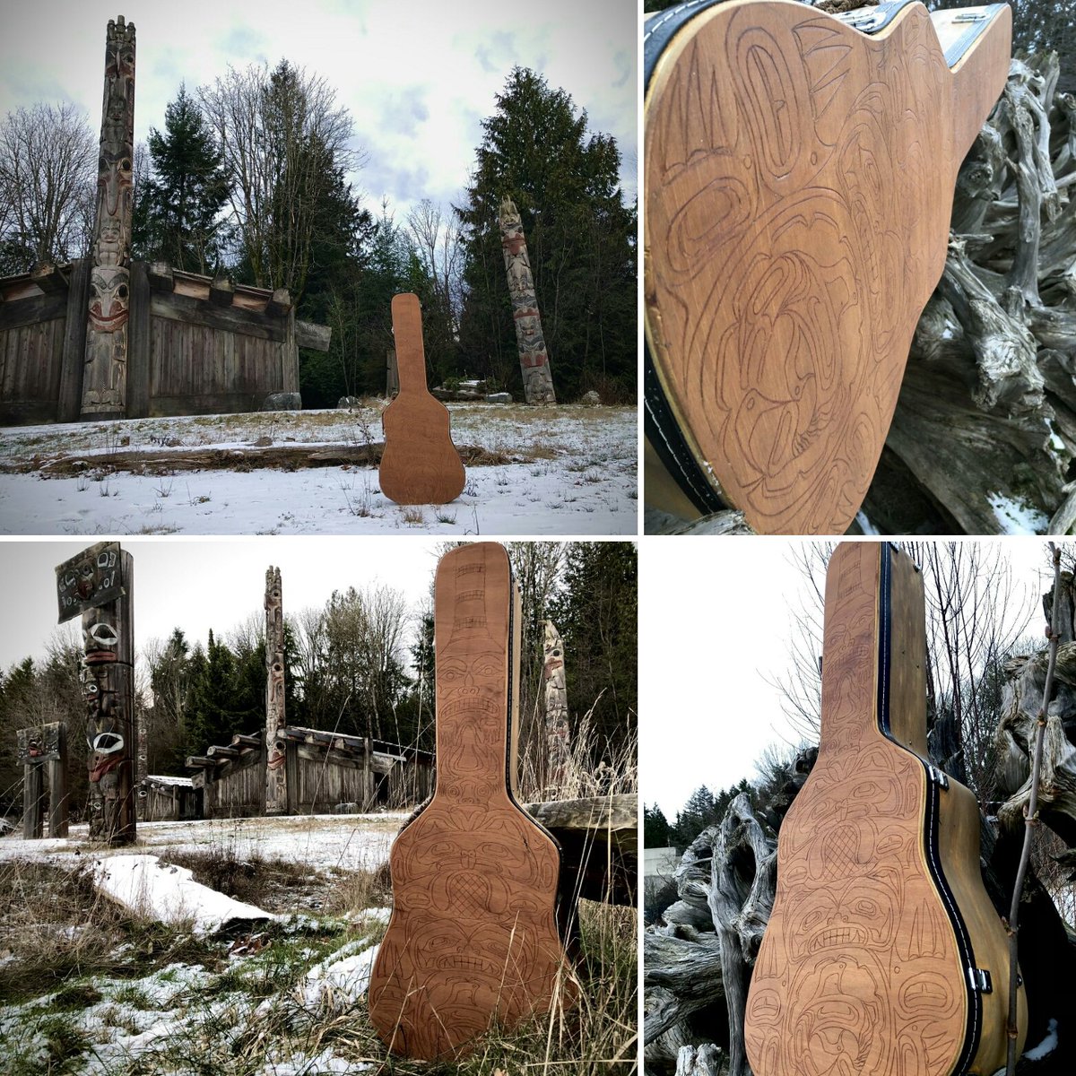 A quick collage of my  #NativeDesign #guitarcase at my favourite spot for inspiration. #FirstNations #traditionalart #Formline #INDIGENOUSart #acousticguitarcase #guitarlife