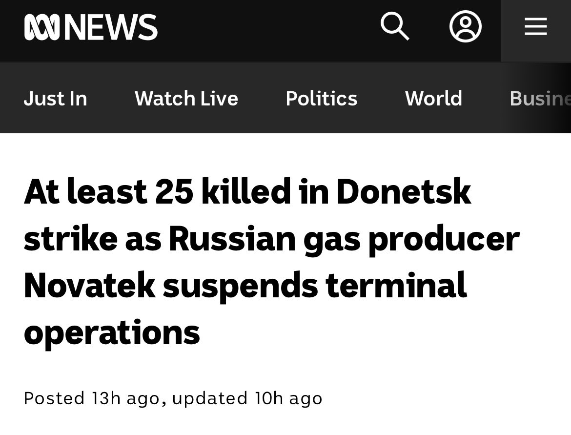 PeterCronau's tweet photo. News biasing on @ABCnews? 
See how the original headline has been changed… misleading people who only browse the headlines. 

Original: 
“At least 25 dead in Ukrainian strike on marketplace in Russia-annexed city of Donetsk”

Changed to:
“At least 25 killed in Donetsk strike as Russian gas producer Novatek suspends terminal operations”

👉 The change has removed “Ukrainian” agency for the bloody attack on civilians. 
👉👉 And a new issue added about gas has allowed the word “Russian” to instead be placed in the headline. 
👉👉👉 You see what this has done — subtlety slanting the bad news away from Ukraine. 

 By changing the headline to “25 killed as Russia suspends..”, it is making it seem the deaths were a consequence of the Russian action, not a Ukrainian attack. 

🔥 The bombing of a marketplace used to be big news, when the Russians could be blamed. 
🔥🔥 Note that the word “marketplace” has also been removed from the headline allowing readers to think it might have been a military target.  
🔥🔥🔥 See that none of the available images of actual dead bodies of civilians gets shown, when Ukraine is the killer. 

https://t.co/gdGs2Bwzmb