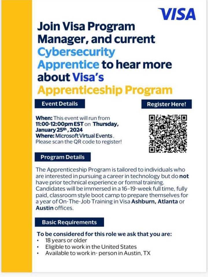 Visa tech apprenticeship program info session this Thursday 1/25 at 11:00am ET 🚨